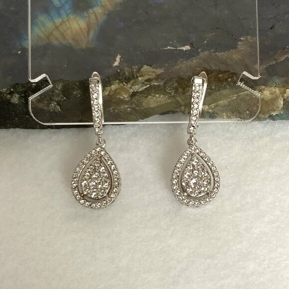 Sterling Silver 925 Cubic Zirconia CZ Teardrop Dangle Earrings Hinged Back - Picture 3 of 16